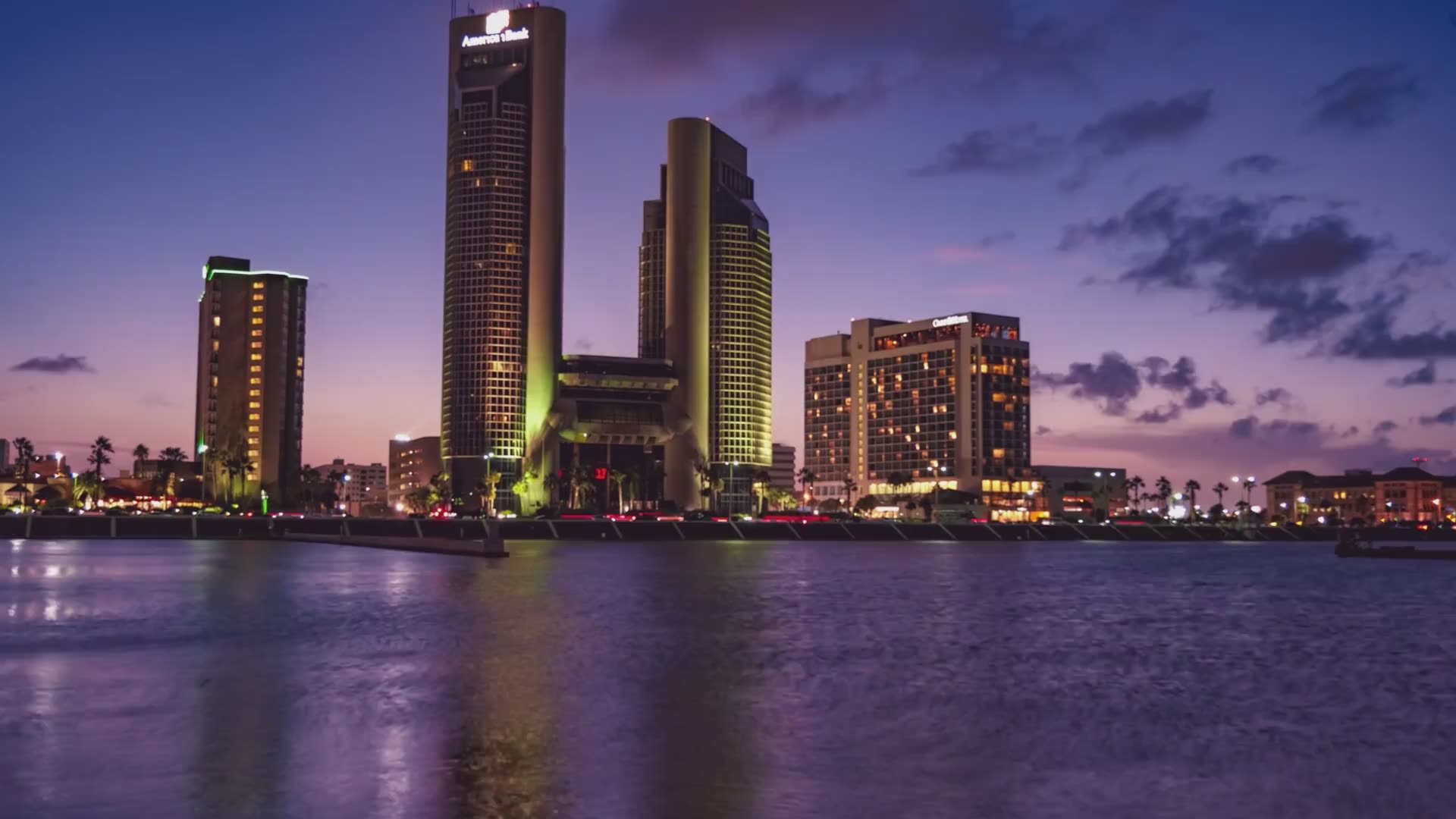 Downtown Corpus Christi across the bay at sunset
